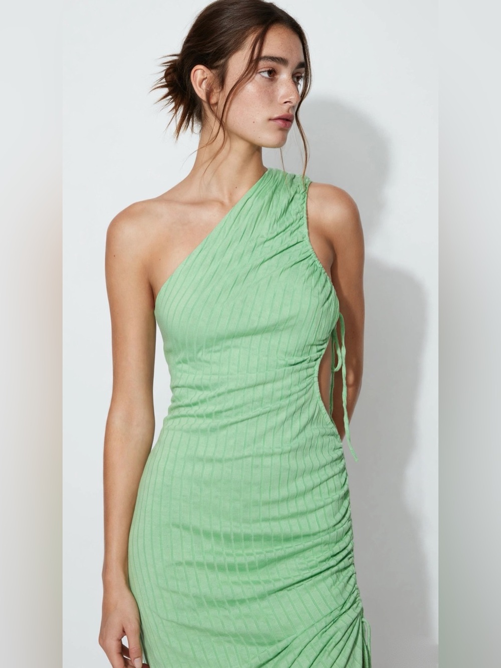 Asymmetric One-Shoulder Ribbed Dress in Mint Green